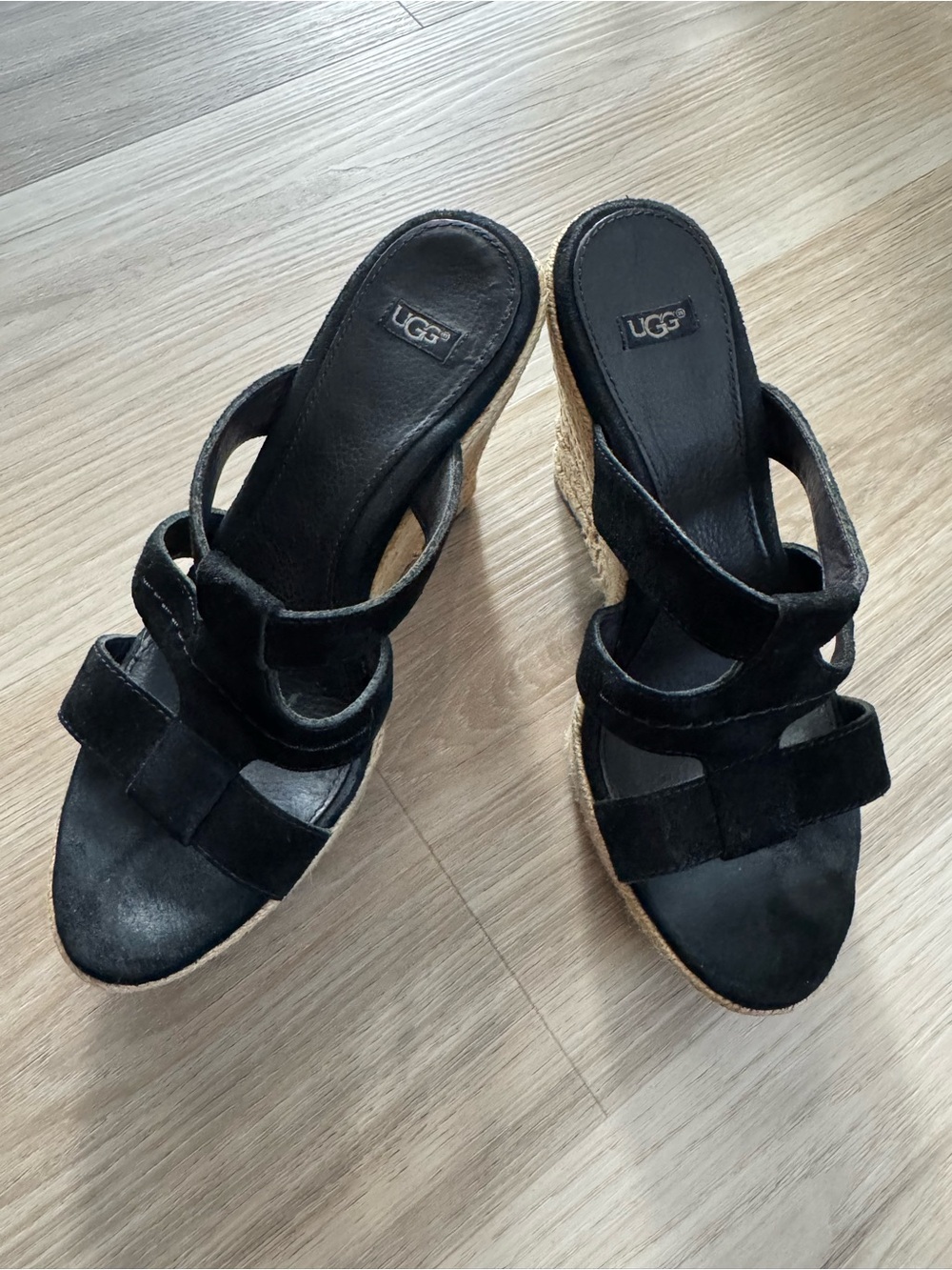 UGG Black Suede Espadrille Wedge Sandals